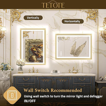 TETOTE Gold Bathroom LED Mirror with Lights 30x36 Frontlit & Backlit Vanity Framed Mirror Baroque Anti Fog Stepless Dimmable White/Warm/Natural,CRI90+,Waterproof,Wall Mounted(Horizontal/Vertical)
