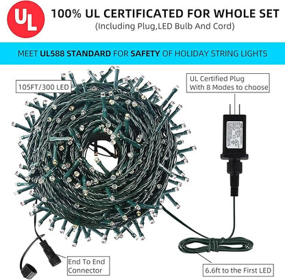 105FT 300LEDs Christmas Lights Outdoor Indoor String Lights 8 Modes Memory Function for Christmas Tree Party Decoration, UL Listed (4 Sets CONNECTABLE) White