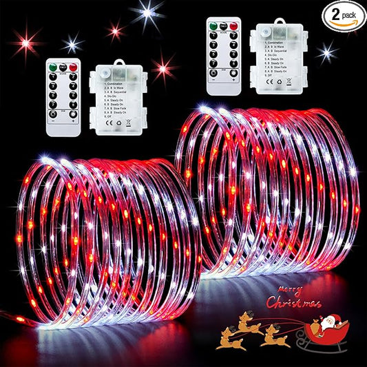 JMEXSUSS 2 Pack Rope Lights Battery Operated Christmas Lights Outdoor Waterproof, Total 200LED 66ft 8Mode Battery Powered String Lights with Remote, Red and White Rope Lights for Christmas Decor