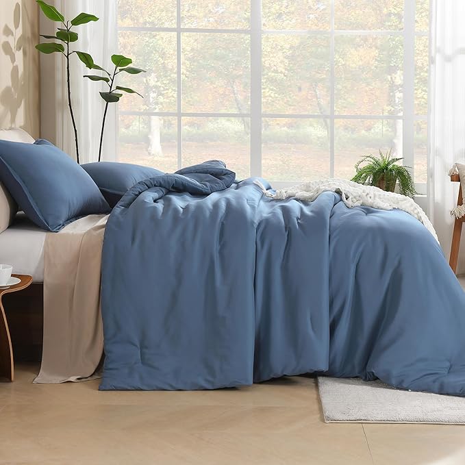 Litanika Haze Blue Oversized King Comforter Set Super King Plus Size, 3 Pieces Lightweight Solid Bedding Comforter Set, All Season Fluffy Bed Set (128x120In Comforter & 2 Pillowcases)