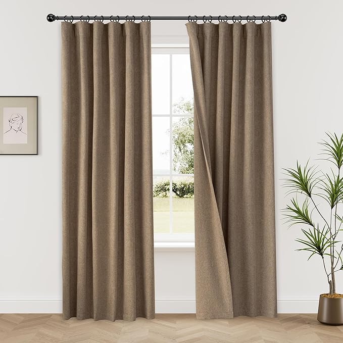 KangBang Brown Linen Blackout Curtains 72x84 Inch, Extra Wide Linen Window Drapes for Large Windows Full Light Blocking Loop Pocket Back Tab Track System Drapes for Living Room, Biscuit