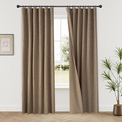 KangBang Brown Linen Blackout Curtains 72x84 Inch, Extra Wide Linen Window Drapes for Large Windows Full Light Blocking Loop Pocket Back Tab Track System Drapes for Living Room, Biscuit