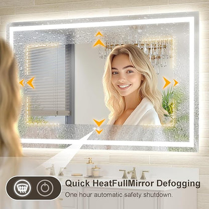 48x28 LED Bathroom Mirror with Lights, Brighter Backlit + Front Lit, Tempered Glass, Dimmable, Multiple Light Modes, Anti-Fog Lighted Bathroom Vanity Mirror for Wall, Memory Function