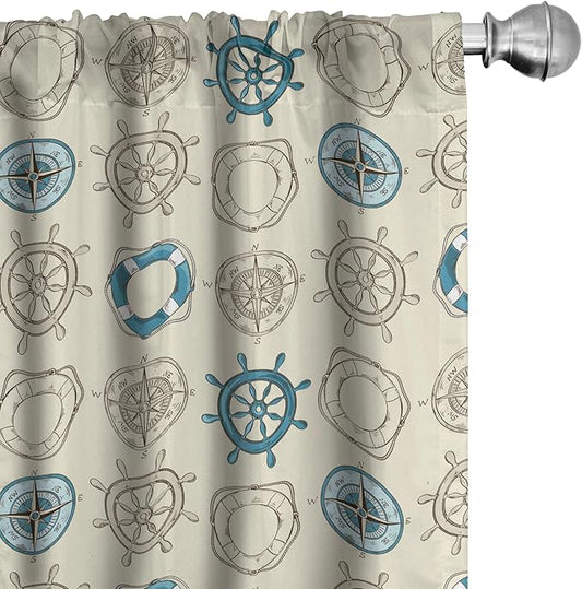 Ambesonne Compass Window Curtains, Marine Themed Doodle Art Vintage Inspirations Traveling Exploration Cruise Pattern, Lightweight Decor 2-Panel Set with Rod Pocket, Pair of - 28" x 63", Beige Teal