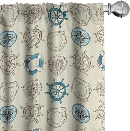 Ambesonne Compass Window Curtains, Marine Themed Doodle Art Vintage Inspirations Traveling Exploration Cruise Pattern, Lightweight Decor 2-Panel Set with Rod Pocket, Pair of - 28" x 84", Beige Teal