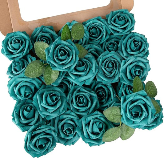 MACTING Artificial Rose Flowers 30PCS Real Touch Fake Flowers with Stem Peacock Green Foam Roses for DIY Wedding Bouquets Table Centerpieces Floral Arrangements Party Home Spring Mothers Day Decor