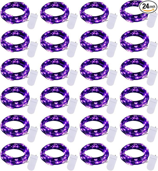 Brightown 24 Pack Fairy Lights Battery Operated, Halloween String Lights Waterproof Black Wire 7 ft 20 LED Firefly Starry Lights for Hallowen Decorations DIY Paper Lantern Craft Pumpkin (Purple)