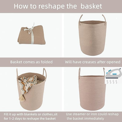Cotton Rope Laundry Basket Hamper for Clothes Woven Storage Basket for Living Room Bedroom Boho Tall Rope Baskets for Blanket Toys Pillow Towels Baby Nursery Hamper Bin Konjac