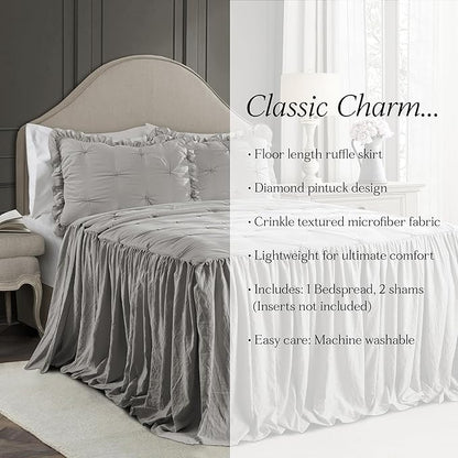 Lush Decor Ravello Pintuck Ruffle Skirt Bedspread Set - Luxe 3 Piece Ruffled Bedding Set - Traditional Glam & Farmhouse Inspired Bedroom Decor - Queen, Light Gray