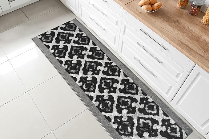 Custom Length Cut to Size Fleur de Lis Inspired Carpet Runner Rug for Hallways, Non Slip Rubber Backed, 31 inch Wide X Customized Length, Royal Grey, 31 inch X 6 feet