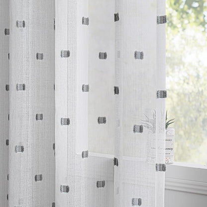 MYSKY HOME White Curtains for Bedroom 84 Inch Length Long Sheer Curtains for Living Room Nursery Curtains with Grey Patched Design Rod Pocket Privacy Window Drapes Dining Room 52" x 84" 2 Panels