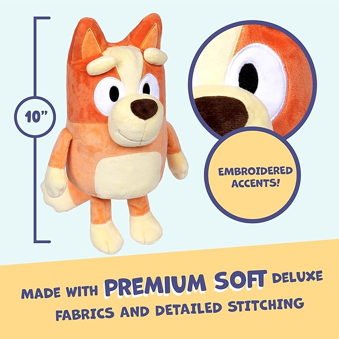 Bluey Sound Effects Talking Bingo Plush Toy, 13” Soft Bingo Toy, Interactive Stuffed Animal with 9 Different Phrases, Musical Toys for Kids