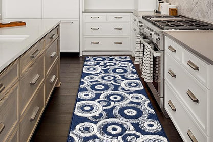 Custom Length Cut to Size Retro Modern Coastal Carpet Runner Rug for Hallways, Non Slip Rubber Backed, 31 inch Wide X Customized Length, Geo Blue, 31 inch X 15 feet