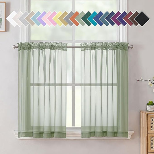 Aiyufeng Sage Green Sheer Curtains, 36 Inch Long, 2 Panels - Kitchen & Bathroom Cafe Curtains, Rod Pocket, 40" W x 36" L