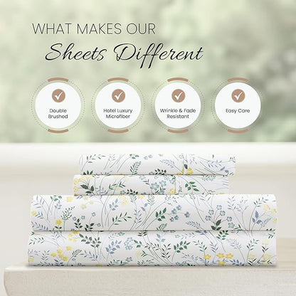 Linen Market 4 Piece King Sheet Set - Breathable, Double-Brushed Patterned Cooling Sheets – Oeko-TEX Certified Ultra Soft & Wrinkle-Free 16" Deep-Pocket King Sheets - Easy Care Wildflower Light Blue