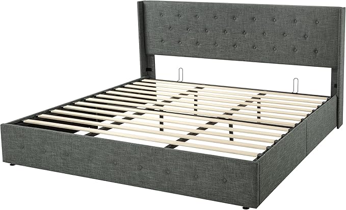 Allewie King Size Lift Up Storage Bed, Button Tufted Headboard with Wingback, Hydraulic Support, No Box Spring Needed, Dark Grey