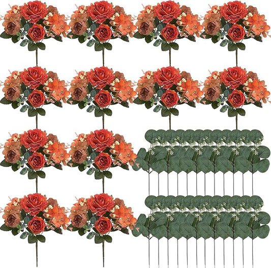 Burnt Orange Peony Artificial Flowers, Fall Faux Peonies Hydrangea Eucalyptus Bouquet 12 Packs Silk Vintage Realistic Peony Floral Arrangement for Wedding Centerpiece Table Vase Autumn Decor
