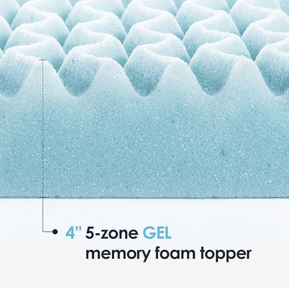 Mellow 4 Inch 5-Zone Memory Foam Mattress Topper, Cooling Gel Infusion, Dorm Essentials, Short Queen Blue