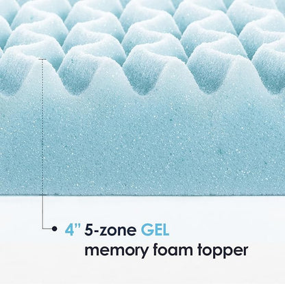 Mellow 4 Inch 5-Zone Memory Foam Mattress Topper, Cooling Gel Infusion, Dorm Essentials, Twin XL Blue