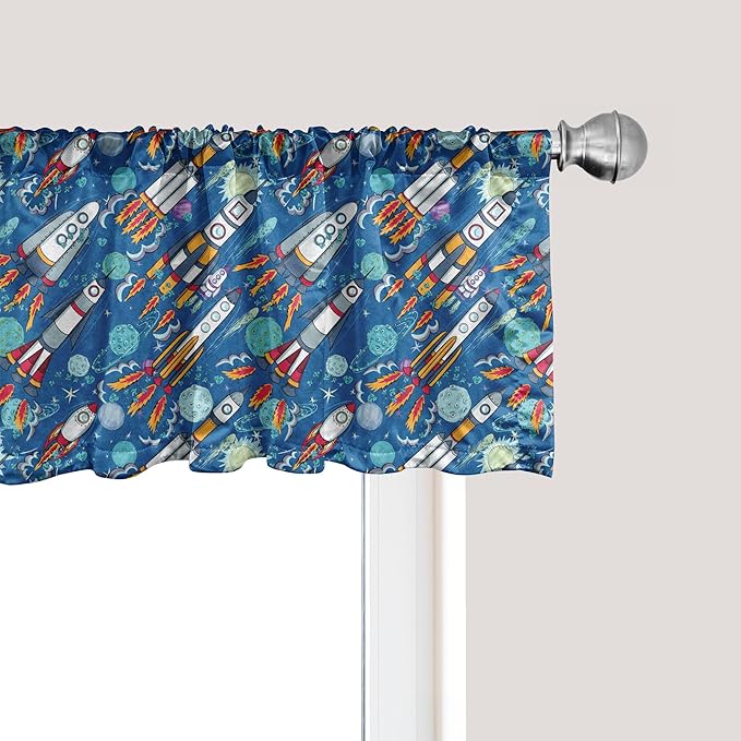 Ambesonne Spaceship Window Valance, Hand-Drawn Cartoon Spaceships Planets and Stars Outer Space Exploration Theme, Curtain Valance for Kitchen Bedroom Decor with Rod Pocket, 54" X 12", Violet Blue