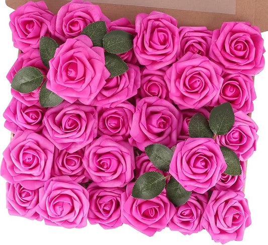 MACTING Artificial Flower Roses 30PCS Real Touch Fake Spring Flowers with Stem Foam Roses for Wedding DIY Bouquets Table Centerpieces Party Bridal Shower Home Mothers Day Decorations(Fuchsia)