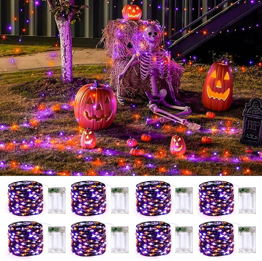 JMEXSUSS 8 Pack 50 LED Orange and Purple Fairy Lights Battery Operated 16.1ft Twinkle Lights