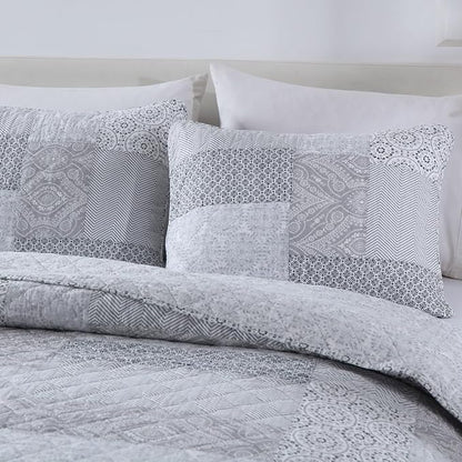 Secgo Queen Comforter Set for Bed - 100% Cotton Quilts Queen Size, Black Bedspreads (90 * 98 Inch) with 2 Pillow Shams, Patchwork Reversible Lightweight Bedding