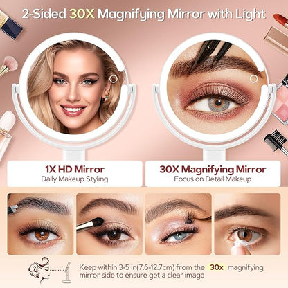 B Beauty Planet Makeup Mirror with Lights, Lighted Magnifying Mirror 30X with 3 Lighting and Adjustable Brightness, 2-Sided Height Adjustable Vanity Mirror for Bathroom, Gifts for Women White