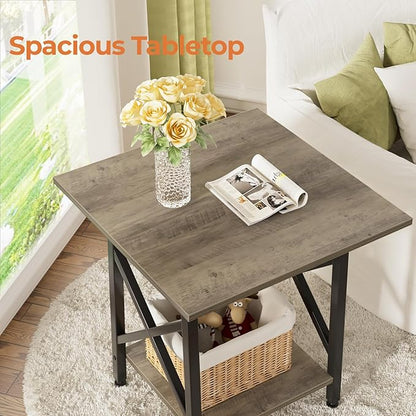 GreenForest End Table 24 inch for Living Room, Large Square Side Tables with X-Frame, Tall Industrial Bedside Nightstand with 2-Tier Storage, Gray Wash