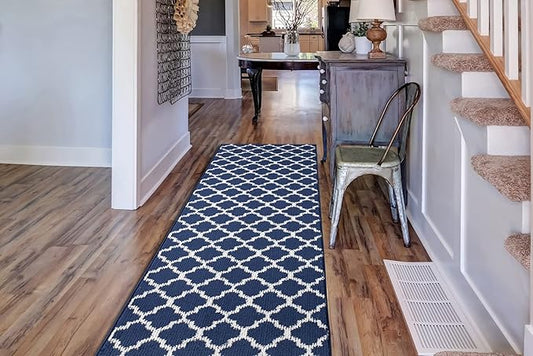 Custom Size Cut to Length Moroccan Trellis Design Runner Rug Mat For Wide Long Hallways with Non-Slip Rubber Backing, Better Traction for Pets, Prevent Slippage, Trellis Navy Blue, 31 inch X 19 feet