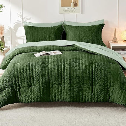 HYMOKEGE Dark Green/Sage Green Twin XL Comforter Set Seersucker 5 Pieces, All Season Luxury Bed in a Bag for Bedroom, Bedding Set with Comforter, Sheets, Pillowcase & Sham