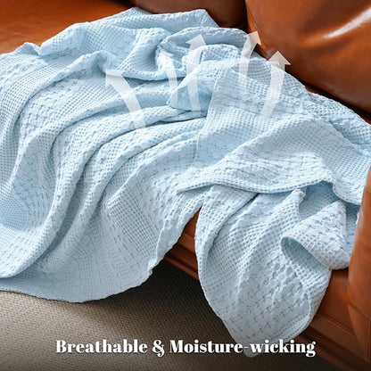 PHF 100% Cotton Waffle Weave Blanket Twin Size for Bed, Soft Lightweight & Breathable, All-Season Comfort, Luxury Aesthetic Woven Bedding for Home Decor, 66"x90", Baby Blue