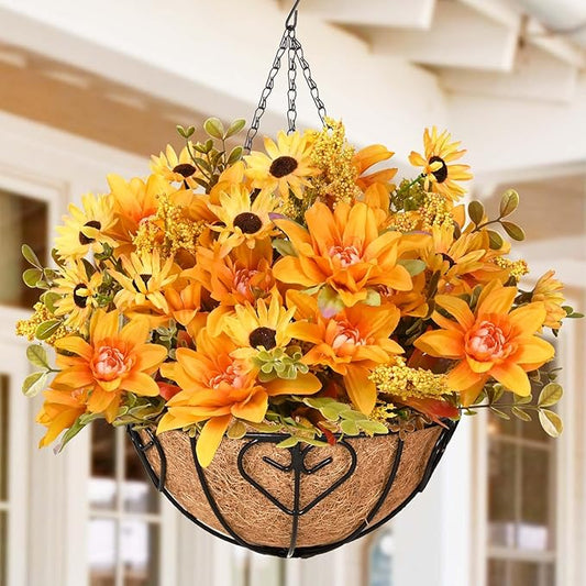 Waipfaru Artificial Fake Fall Hanging Mums Plants Flowers Basket for Outdoor, Faux Mums Floral Hanging Plant in Hang Planter Look Real UV Resistant for Porch Patio Balcony Yard Outdoor Decor (2Pcs)
