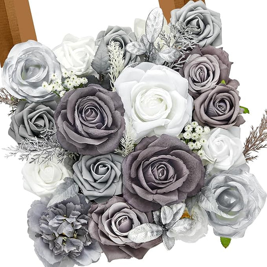 Alecono Artificial Flowers, Silver Silk Fake Flowers for DIY Wedding Cake, Grey Faux Flowers for Table Centerpieces Baby Shower Birthday Party Home Decorations