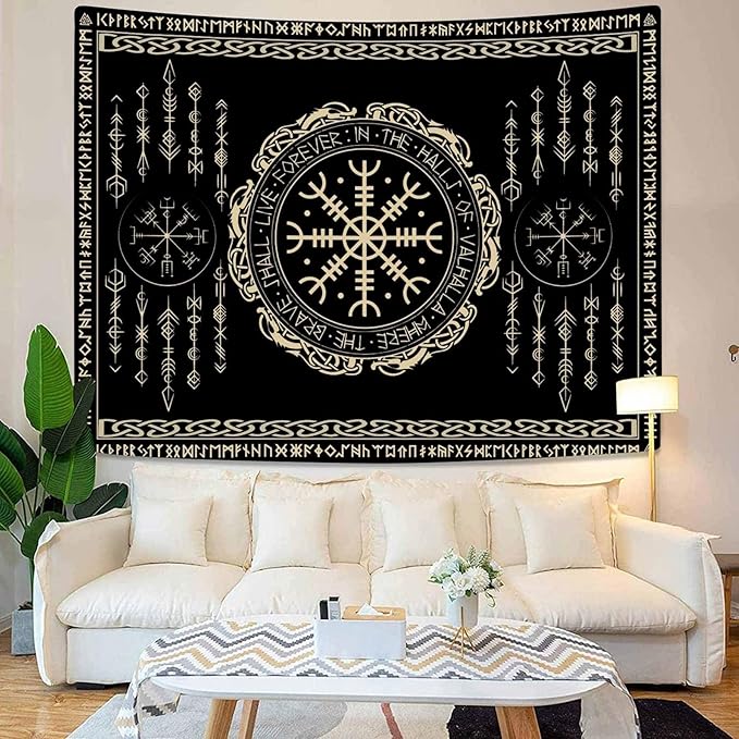 OSUNBD Nordic Vikings Tapestry Small 60x51inches Soft Flannel Vegvsir Symbol Amulet Celtic Rune Scandinavian Aesthetic Mythology Tapestry Wall Hanging for Bedroom Living Room Decor