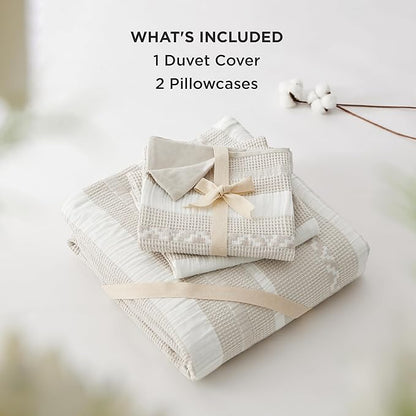Bedsure Waffle Weave Duvet Cover Queen - 100% Cotton Boho Duvet Cover with 2 Pillowcases - Linen Color Textured Comforter Cover with Zipper Closure (Queen, 90"x90")