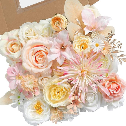 Artificial Flowers Combo Box Set Faux Fake Flower Leaf with Stems Arrangements for DIY Wedding Bouquets Party Table Centerpieces Home Decorations Yellow Pink
