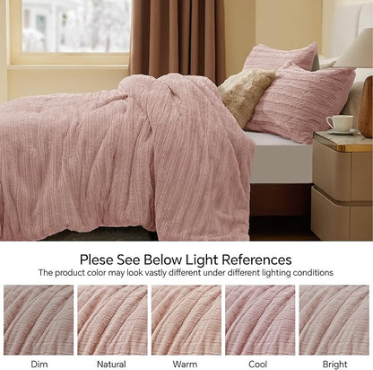 BEDELITE Fleece Queen Comforter Set -Super Soft & Warm Fluffy Pink Faux Fur Bedding, Luxury Fuzzy Heavy Bed Set for Winter with 2 Pillow Cases