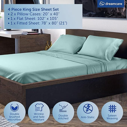 DREAMCARE King Size Sheets Set – 4 pcs Cooling Sheets – up to 21” Deep Pocket King Sheet Set – Hotel Luxury Sheets & Pillowcases – Superior Softness 100% Microfiber with Side Pocket - Spa Blue