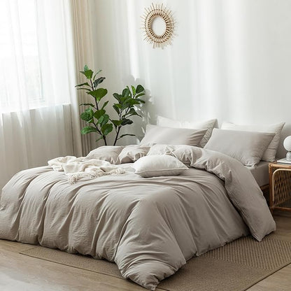 MooMee Bedding Duvet Cover Set 100% Washed Cotton Linen Like Textured Breathable Durable Soft Comfy (Heathered Cream Grey, Oversized Queen 98"x98")