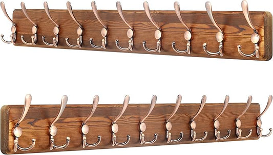 SKOLOO Coat Rack Wall Mounted - 38.3'' Long, Pack of 2, Wooden, Heavy Duty, Rustic Coat Hooks for Wall, Wall Coat Rack with 10 Triple Hooks for Hanging Clothes, Jacket, Hat(Brown & Retro Red)