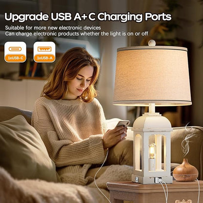 QiMH Table Lamp for Living Room, Farmhouse Lamps with USB A+C and Nightlight, 26" Rustic Bedside Lamps with 3-Way Dimmable Touch Control, Nightstand Lamp for Bedroom, Shabby White, 1 Pack