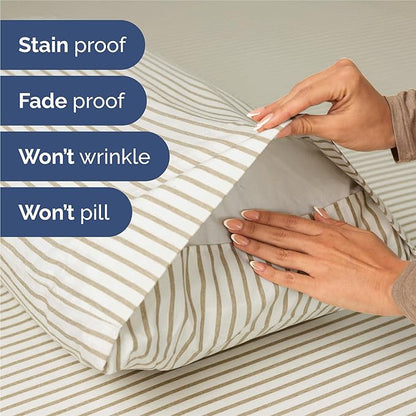 Split King 7 Piece Sheet Set - Comfy Breathable & Cooling - Soft Hotel Luxury Bedding Set w/ 8-16 Inch Deep Pockets - 1 Flat & 2 Fitted Sheet & 4 Pillowcases - Cozy & Wrinkle Free - Beige Stripes 2