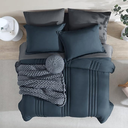 Monbix Oversized Queen Comforter Set - 7 Pieces Blue Grey Bed in a Bag Queen Bedding Sets with Comforters, All Seasons Down Alternative Comforter Bed Set with Sheets,Pillowcases & Shams
