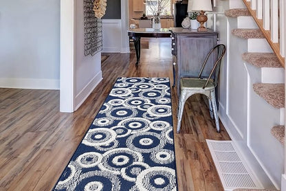 Custom Length Cut to Size Retro Modern Coastal Carpet Runner Rug for Hallways, Non Slip Rubber Backed, 31 inch Wide X Customized Length, Geo Blue, 31 inch X 29 feet