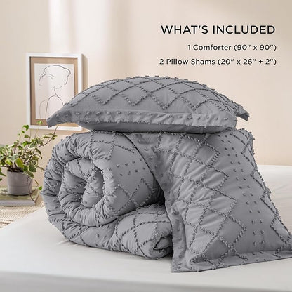 Bedsure Queen Comforter Set - Grey Comforter, Boho Tufted Shabby Chic Bedding for Kids, 3 Pieces Vintage Farmhouse Bed Set for All Seasons, Fluffy Soft Bedding with 2 Pillow Shams