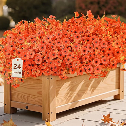 SHareconn 24 Bundles Artificial Fall Flowers for Outdoors Decoration,UV Resistant Silk Eucalyptus Lavender Faux Autumn Fake Plants for Outside Indoor Garden Yard Porch Home Decor,SunsetRedAutumnColour