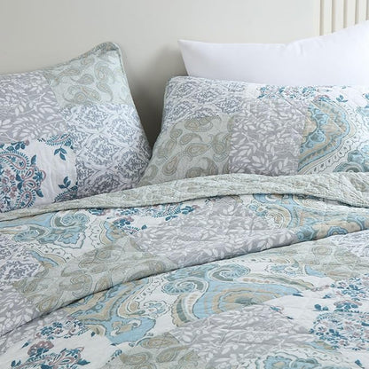 Secgo Queen Size Comforter Set- 100% Cotton Quilt Queen Size Set, Green, Sage bedspreads (90 * 96 Inch) with 2 Pillow Shams, Patchwork Reversible Lightweight Bedding