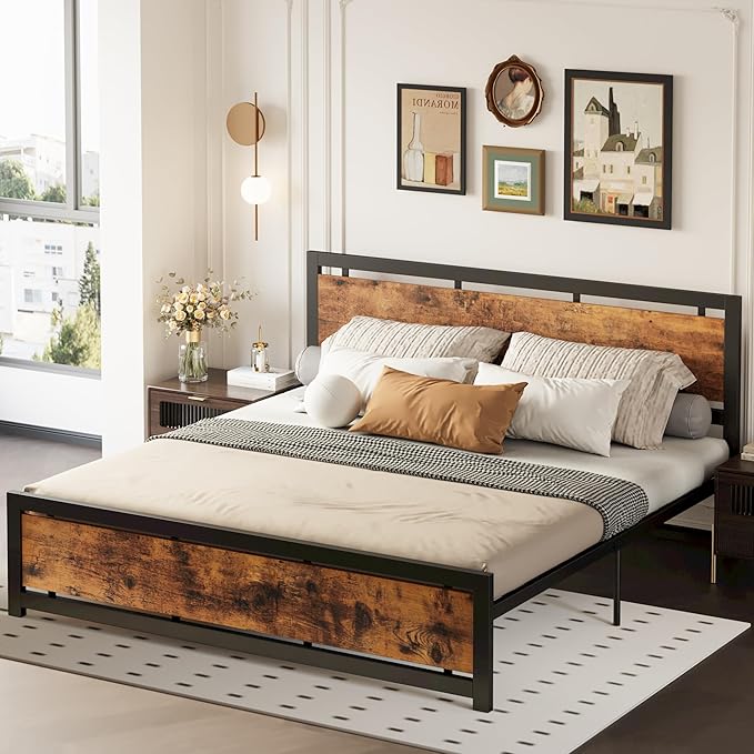 LIKIMIO California King Bed Frame with Headboard and Footboard, Metal Strong Supports, Easy Assembly, Noise-Free, No Box Spring Needed, Vintage Brown
