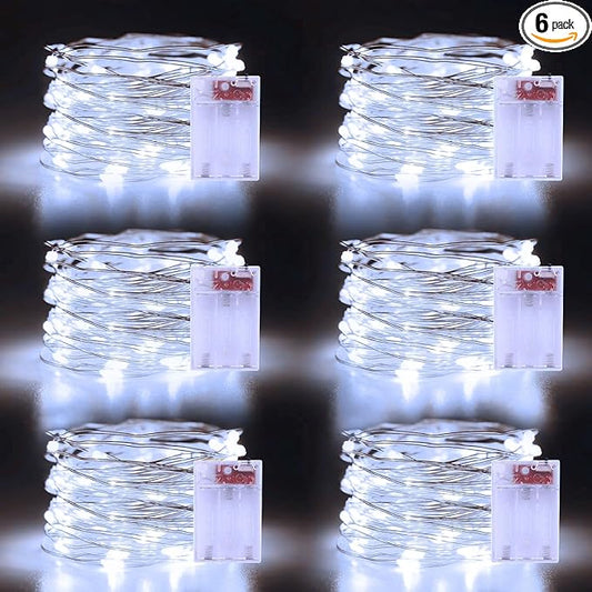 Christmas White Fairy Lights Battery Operated 6 Pack 16.4Ft 50 LEDs Silver Copper Wire Twinkle Lights for Halloween Christmas Bedroom Indoor Outdoor Wedding Dorm Parties Holiday Yard Decorations